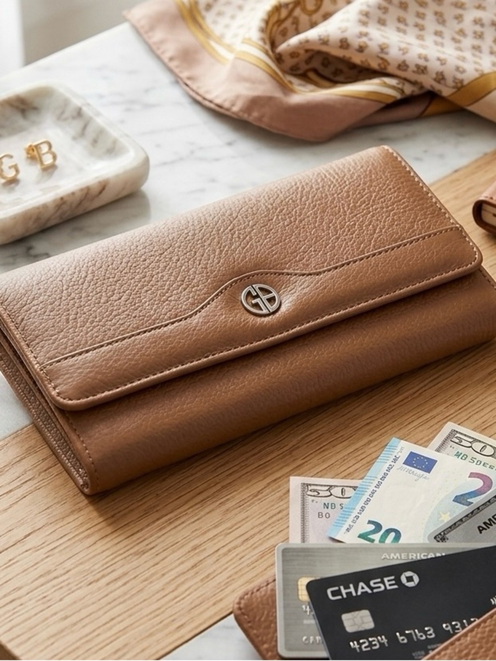 Giani Bernini Cognac Brown Pebbled Leather Long Flap Wallet Classic Organizer